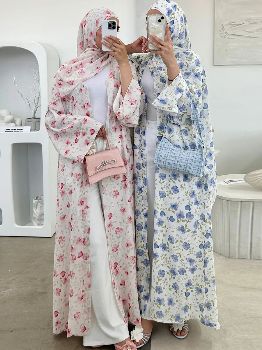 

Muslim Women Dubai Abaya luxury Double layered chiffon Print Hijab Dress Kaftan Ramadan Robe Femme Islam african dresses Kebaya