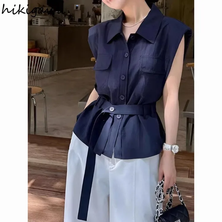 

Temperament Lady Tops Sleeveless Casual Blouses Women's Clothing Bandage Slim Waist Shirts Loose Fashion Summer Camisas De Mujer