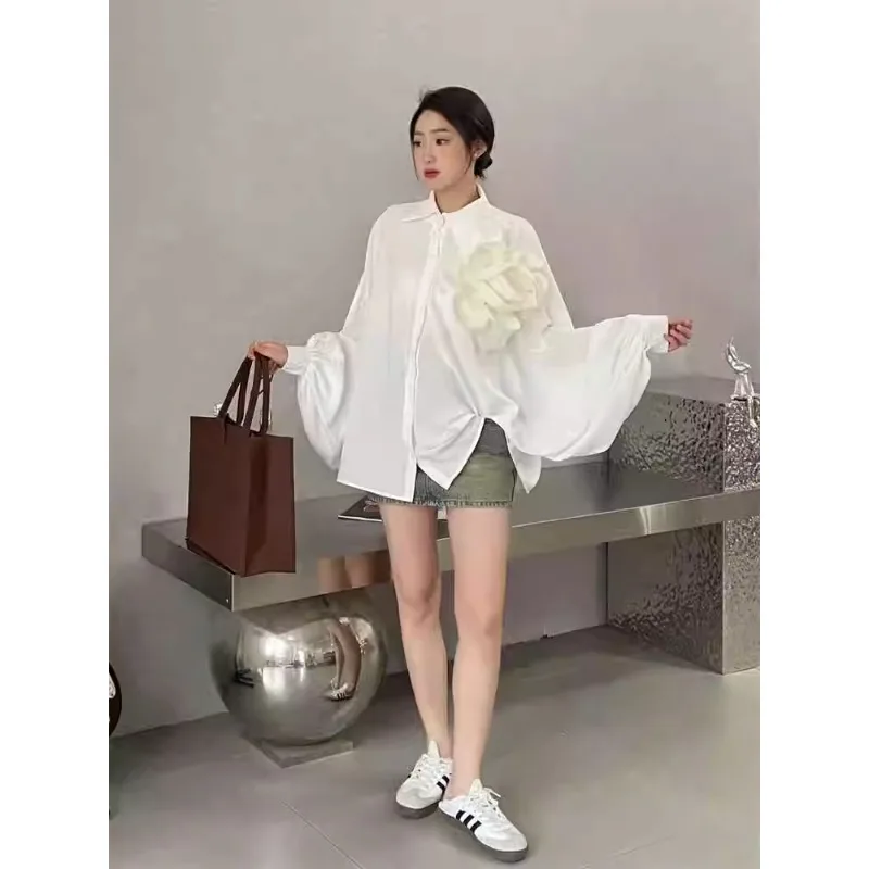 

SuperAen Korean Fashion Design Splicing Pleated Three-dimensional Flower Shirt for Women Spring New Casual Long Sleeved Shirt