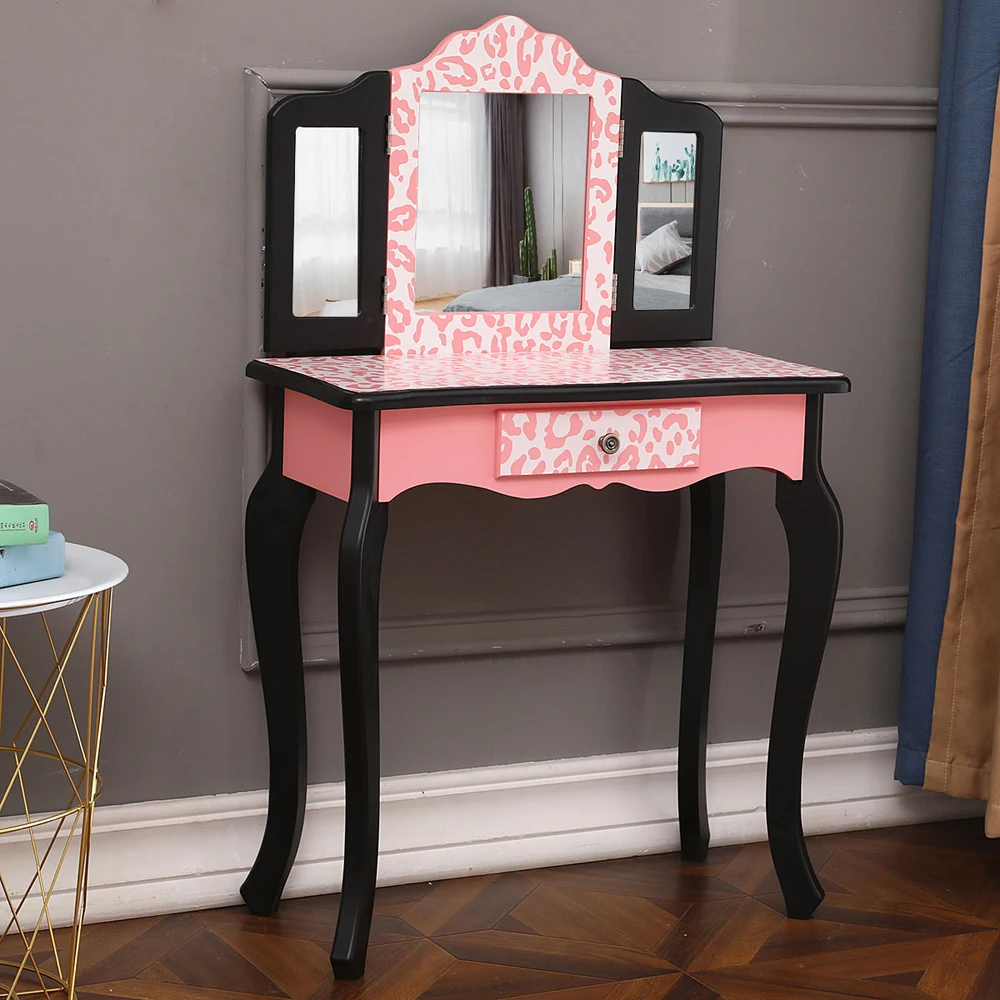 Children's Dressing Table with Stool,Three-Fold Mirror Single Drawer Arc Feet Children Dresser Table,Bedroom Furniture