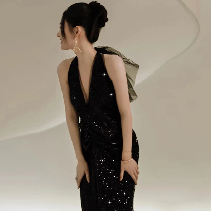 

Evening Dress New Sequined Light Luxury Minority European and American Annual Meeting Deep V-neck Elegant Ho