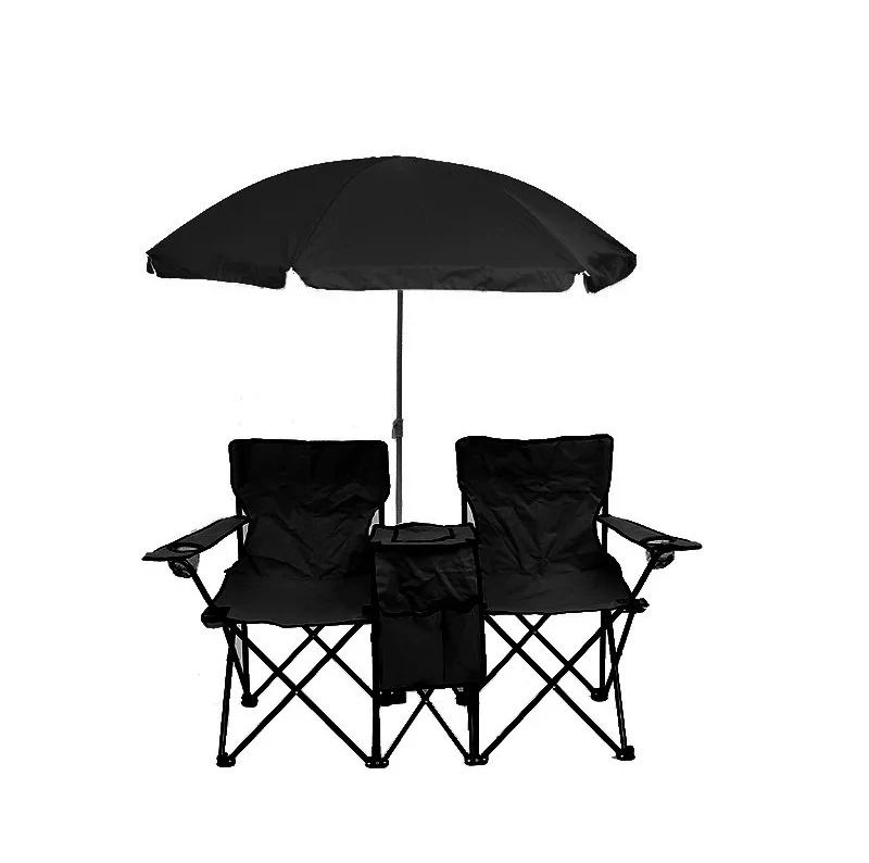Outdoor Double Beach Leisure Chair Detachable Sun Umbrella Portable Camping Foldable Seat with Cooler