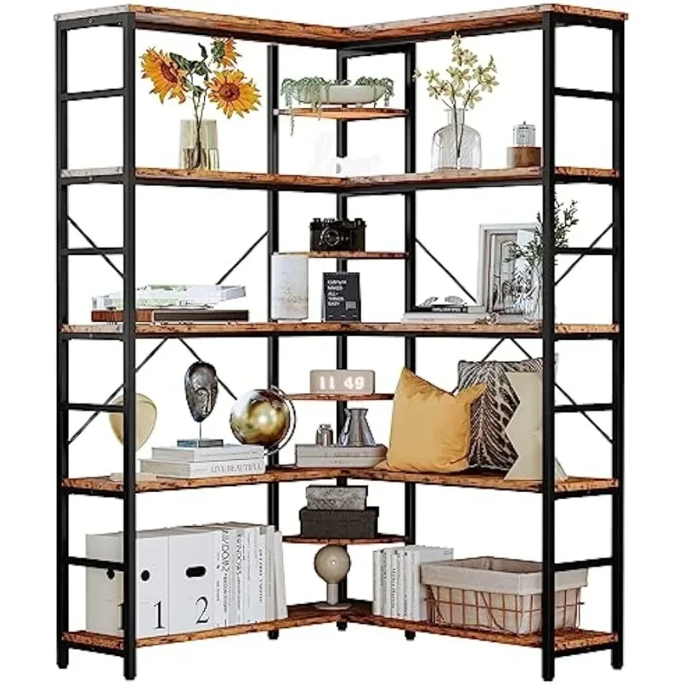 Bookcases and Bookshelves, 5-Tiers Corner Bookcase with Curved Panels, L Shaped Shelf with Metal Frame for Open Storage