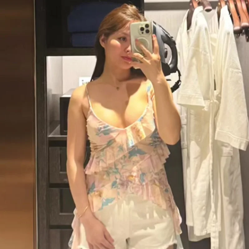 HXAO 2025 Top da donna con stampa in tulle Canotte e canottiere ritagliate estive Top con canotta senza maniche con volant Top senza schienale a strati in rete leopardata