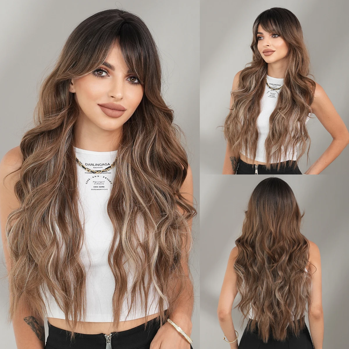 NAMM Long Curly Light Brown Wigs for Women Daily Party Synthetic Dark Rose Gradient Beige Wig Lolita Heat Resistant Fiber Wigs