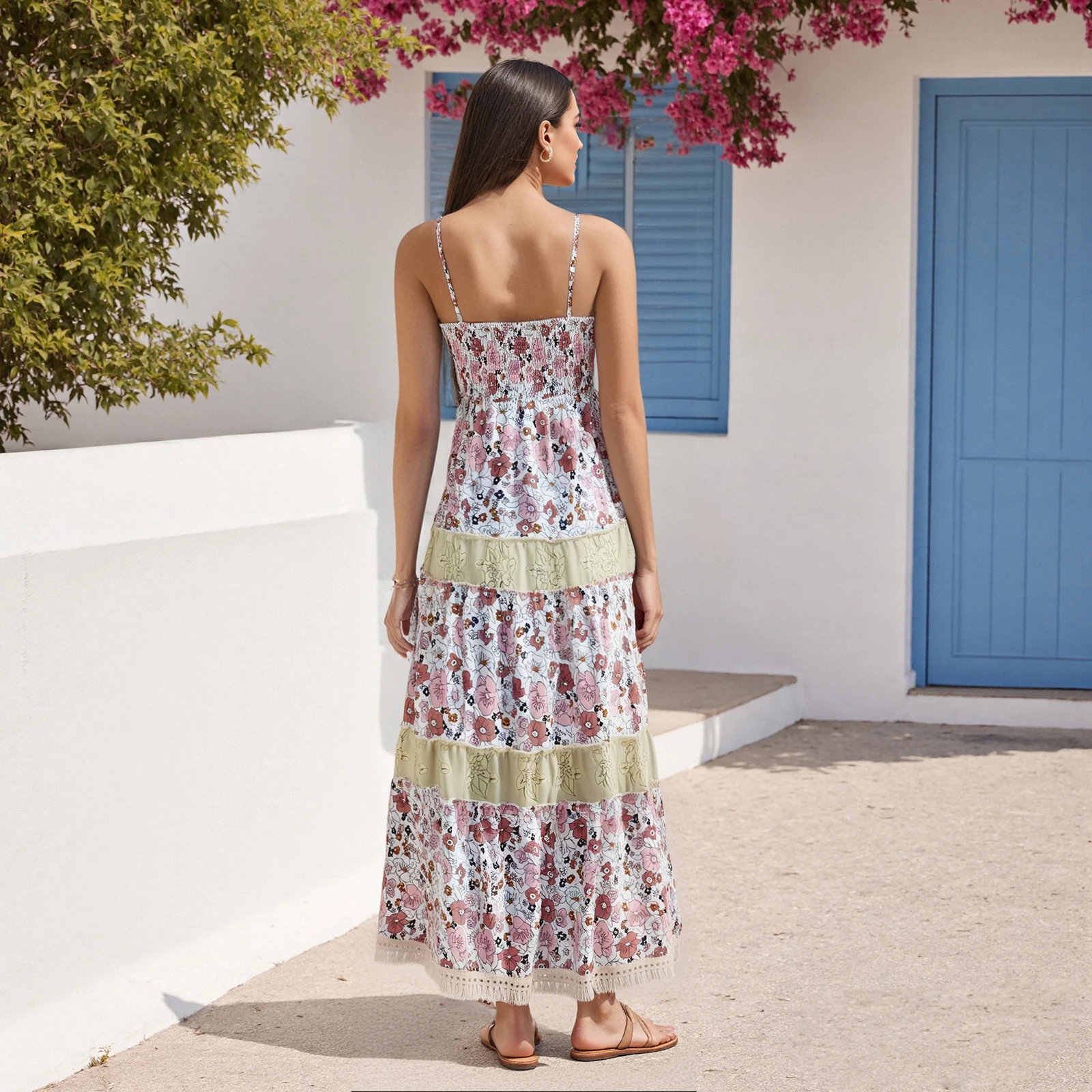 Women Floral Long Cami Dress Tie-up Tassel Deep V Neck Spaghetti Strap Backless Tiered Dress for Daily Party