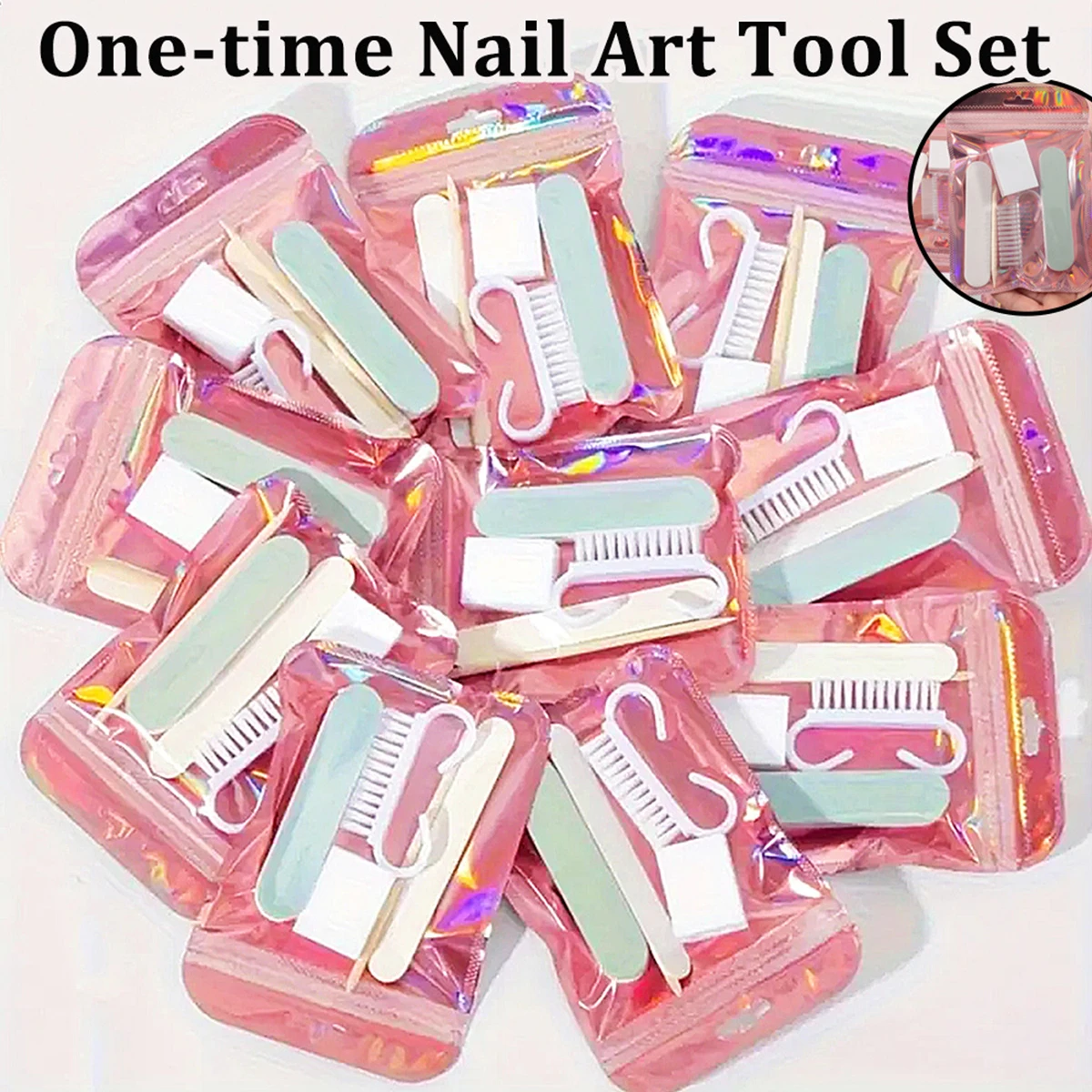 Mini-Nagelwerkzeug-Set in kurzer Größe mit Feilenpuffer, Polierstab und Hupenbürste für die Maniküre und Pediküre zu Hause