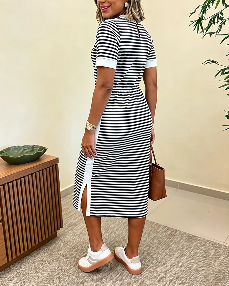 Damen-T-Shirt-Kleid in gestreiftem Colorblock-Design, mittellang, lässiger Rundhalsausschnitt mit geraffter Taille und Seitenschlitz, mit Taschen – Detail 1