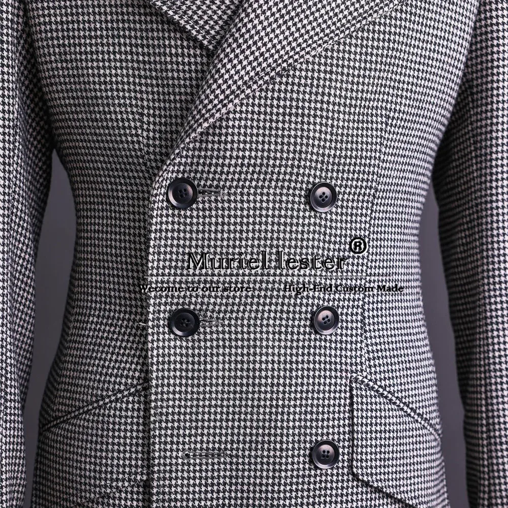 Men's Grey Overcoat Fashion Peaked Lapel Plaid Check Man Daily Suit Jacket Double Breasted Trench Coat Long Ropa De Hombre 2024