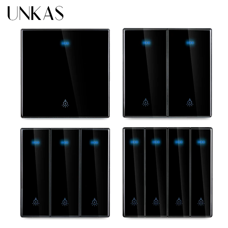 

UNKAS Black Glass 1 / 2 / 3 / 4 Gang 1 / 2 Way Push Button On / Off Wall Light Switch Large Aperture LED Backlight Outlet