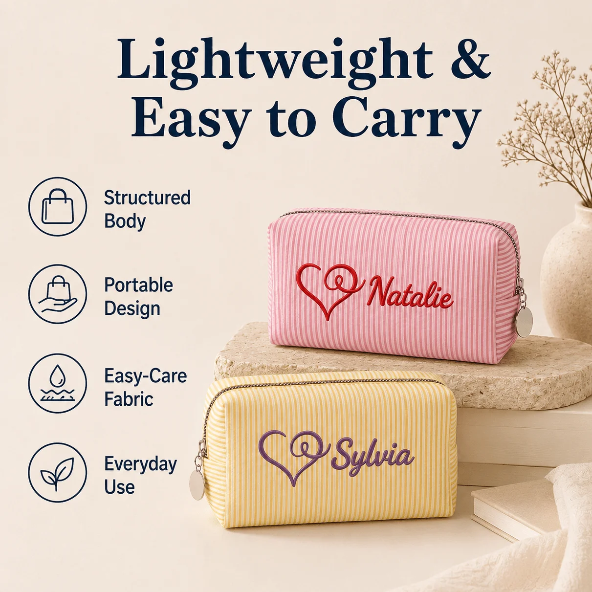 Embroidered Heart with Name Striped Cosmetic Pouch, Lightweight Spacious Storage Pouch , Keepsake for Wedding Gifting Occasions