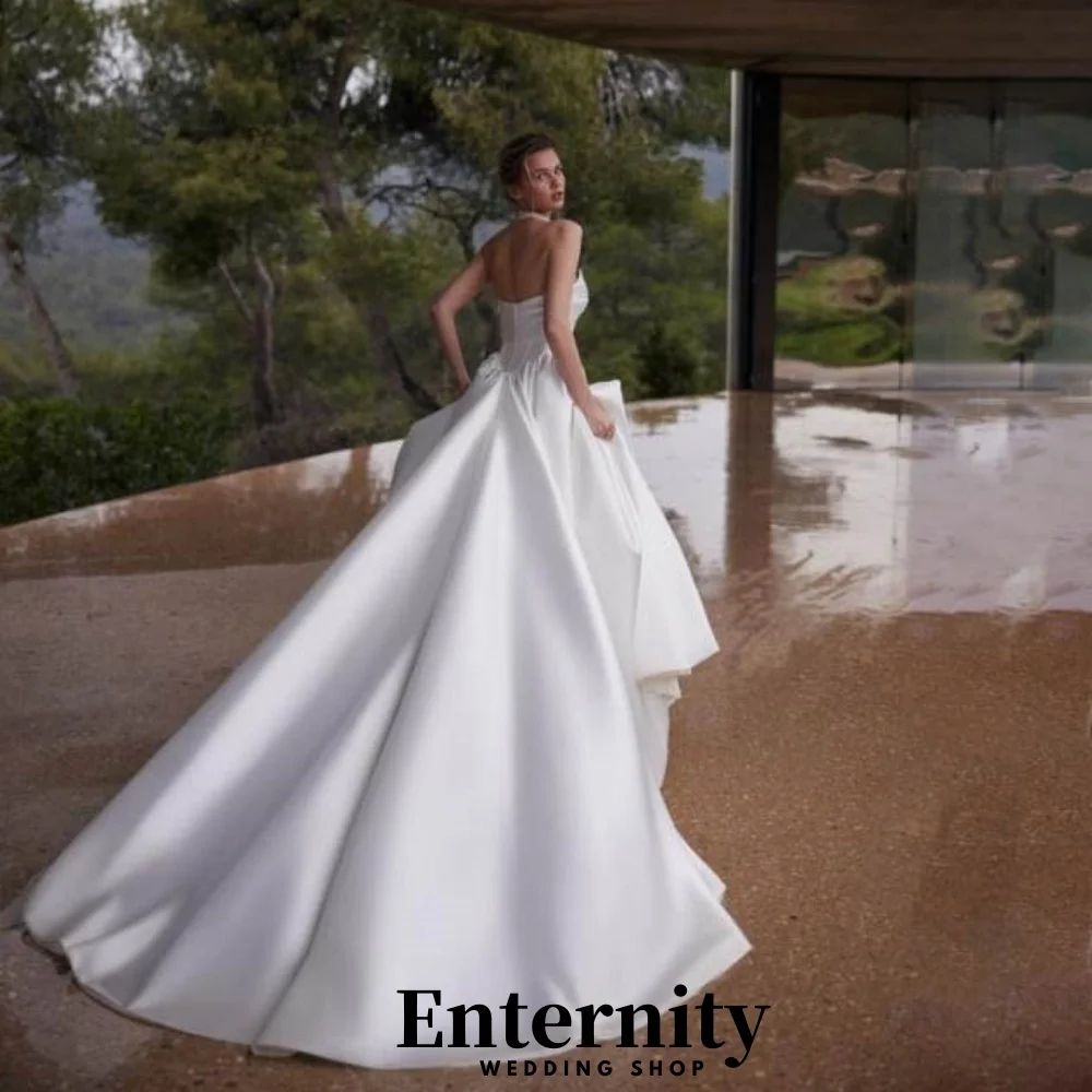 Suknia ślubna z satyny z dekoltem w łódkę, urocza suknia ślubna zapinana na zamek, elegancka suknia ślubna bez rękawów z kokardą, vestido de novia