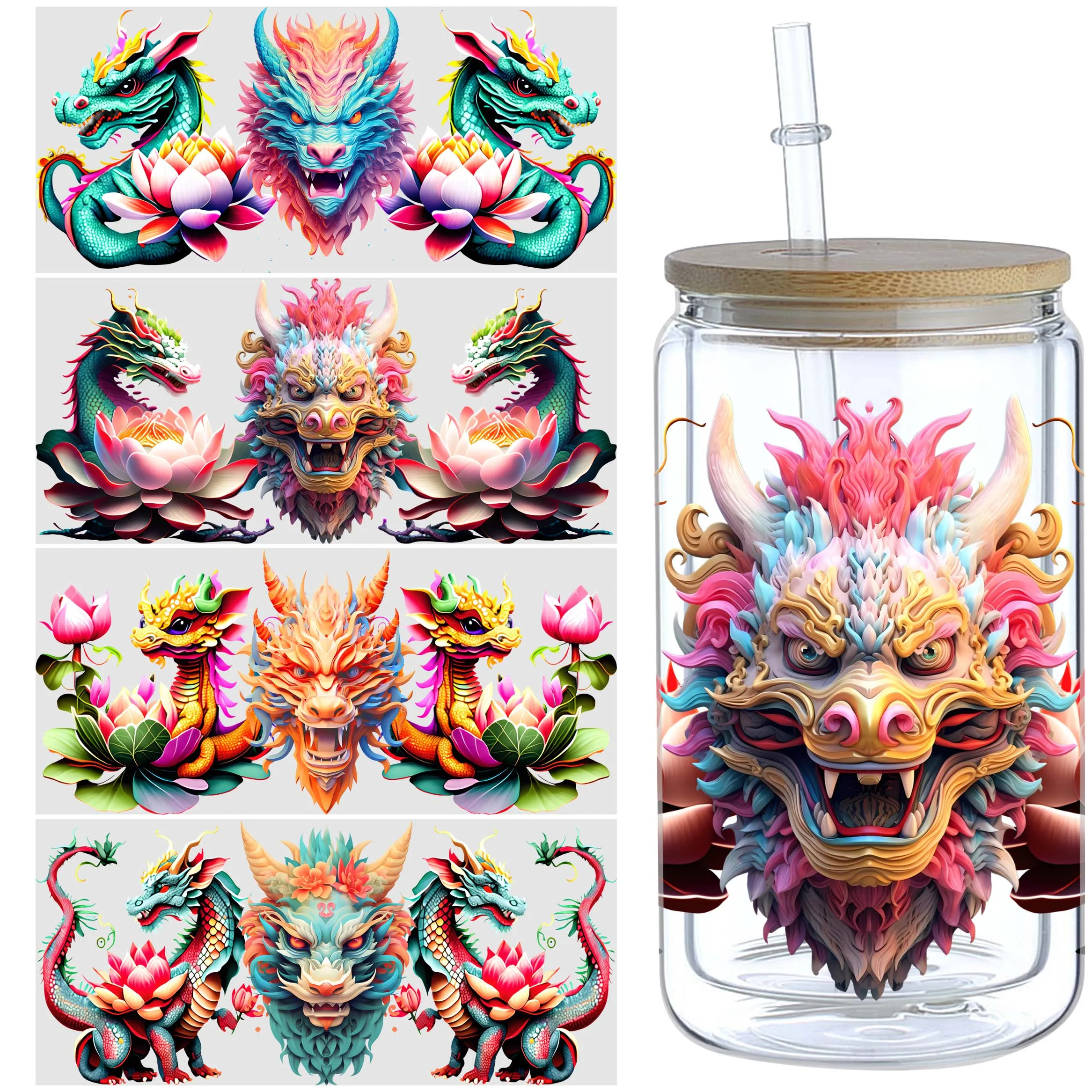 

5 sheets Chinese Dragon UV DTF Cup Holder 16 oz, Dragon Head DTF Cup Holder Transfer Glass, Water Bottle Waterproof Sticker