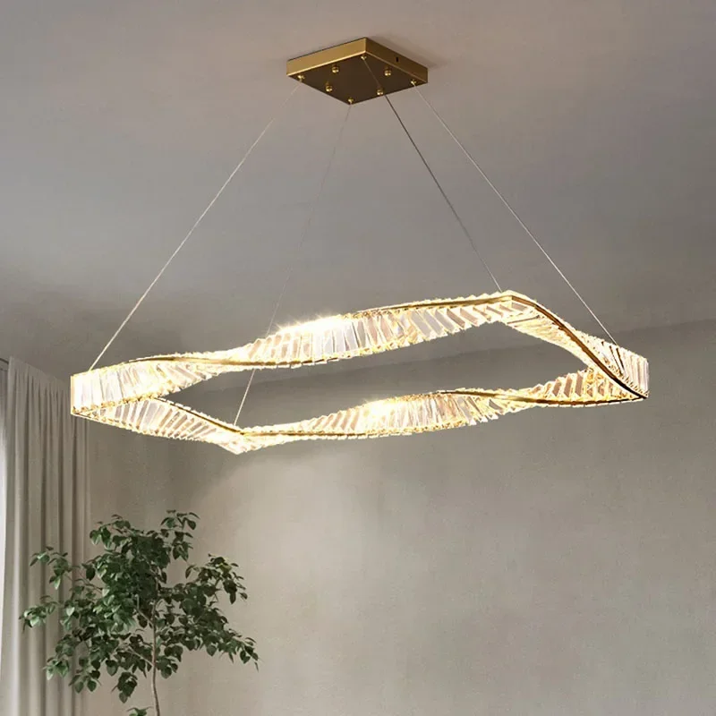 

Rectangle LED Crystal Chandelier Living Dining Room Design Kitchen Hanging Lamp Modern Home Decor Square Gold Light Fixtures