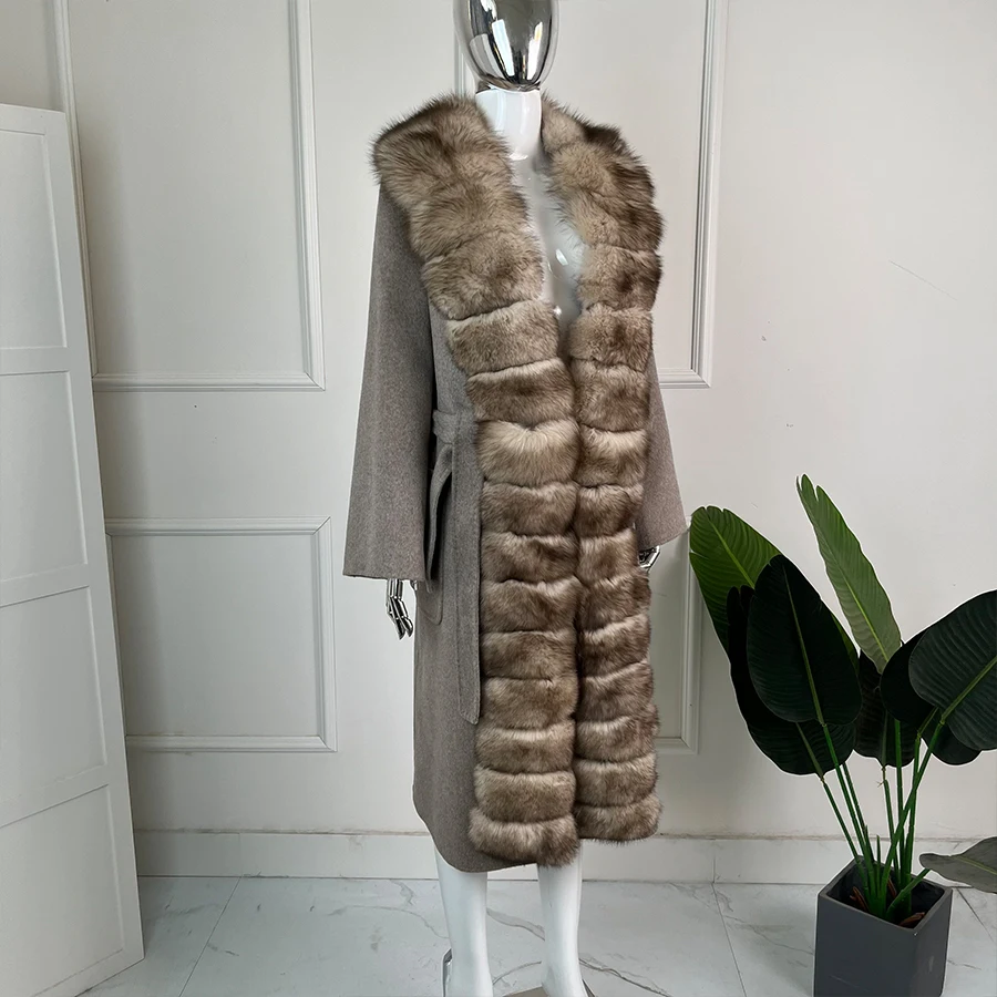 Autumn Winter Removable Oversized Fox Fur Collar Women Wool Coat Long Fur Jacket Luxury High Quality