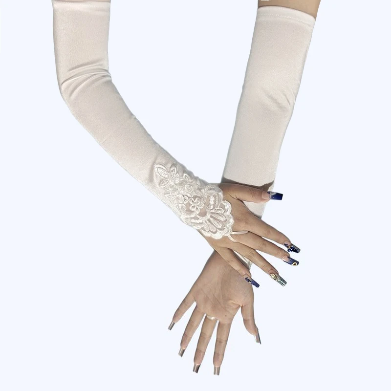 48 سنتيمتر طويلة الساتان مثير الدانتيل والتطريز هوك قفازات الاصبع الرجعية حزب النساء آداب محرك تأثيري عشاء الرقص القفازات #4
