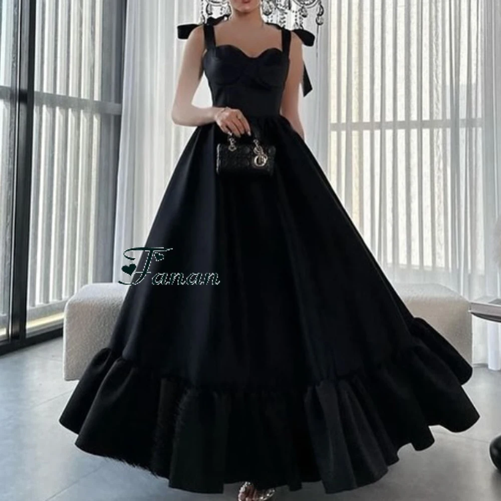 Customized Jiayigong New Black Satin Sapghetti Women Dresses For Evening With Bow Draped Sweet Heart A-line Long Party Prom Gown