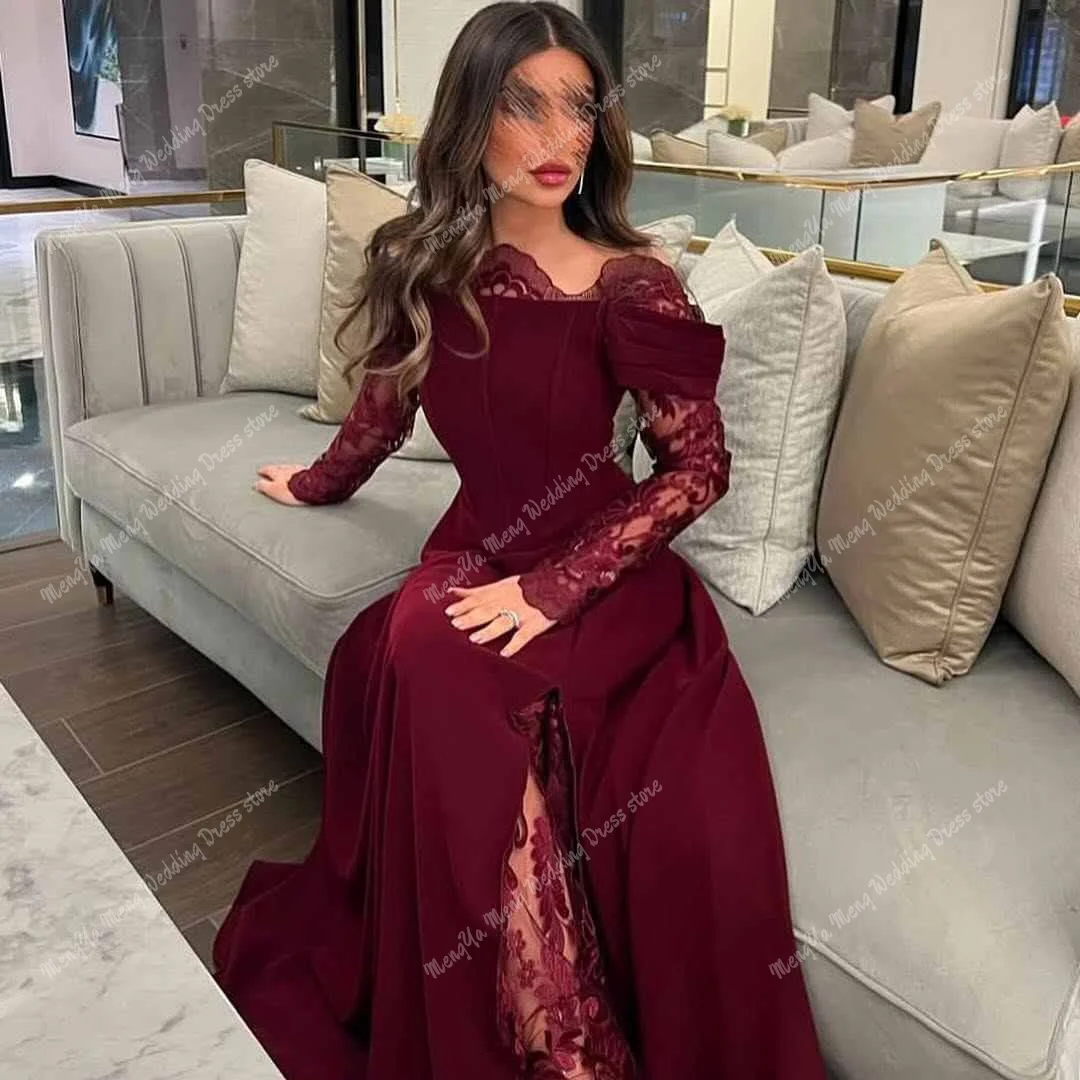 ZHUISHU Exquisite Off the Shoulder Burgundy Lace Evening Dresses Delicate Long Sleeves Party Dress Cocktail Dress Customized