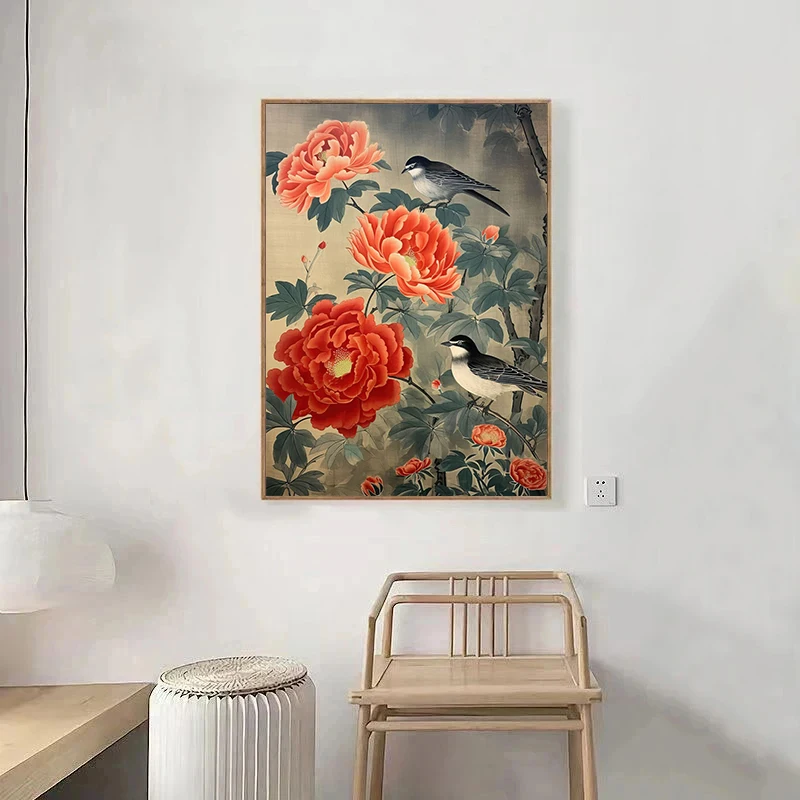 Chinese Style Peony Flowers Blossom Butterfly Bird Poster and Prints Canvas Printing Wall Art Picture for Living Room Home Decor