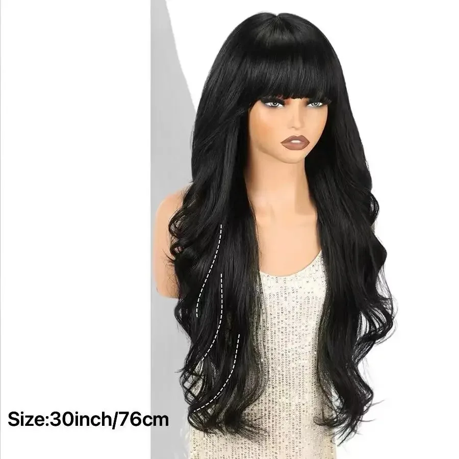 30Inch Long Curly Wig With Bangs, Wavy Hair Bob Wigs  Black Synthetic Heat Resistant Wig Daily Parties Halloween
