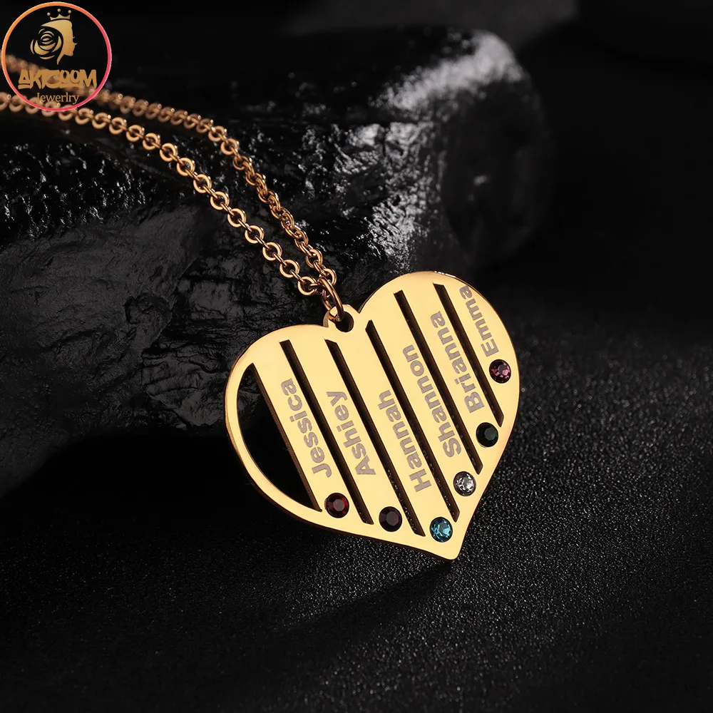 Akizoom Custom Name Life Tree Necklaces Stainless Steel Engrave Name Heart Pendant Choker for Women Kids Jewelry Birthday Gift