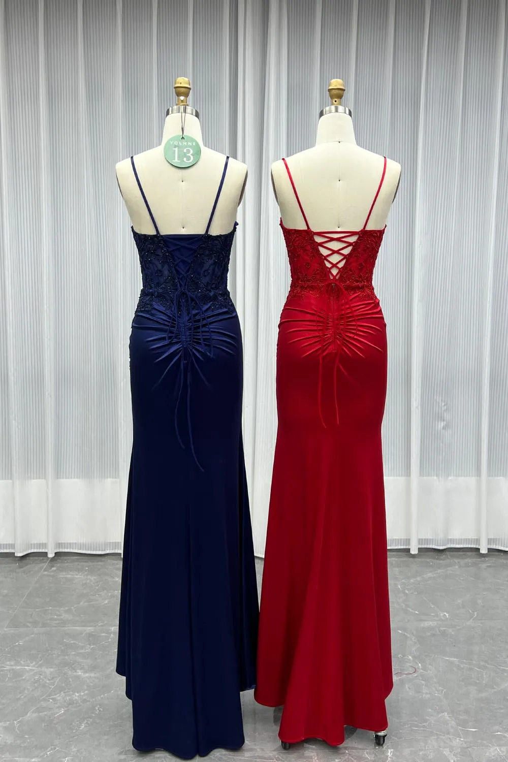 YQLNNE فساتين حفلة موسيقية بفتحة طويلة بحمالات كحلي مزينة بالدانتيل وحفلات رسمية