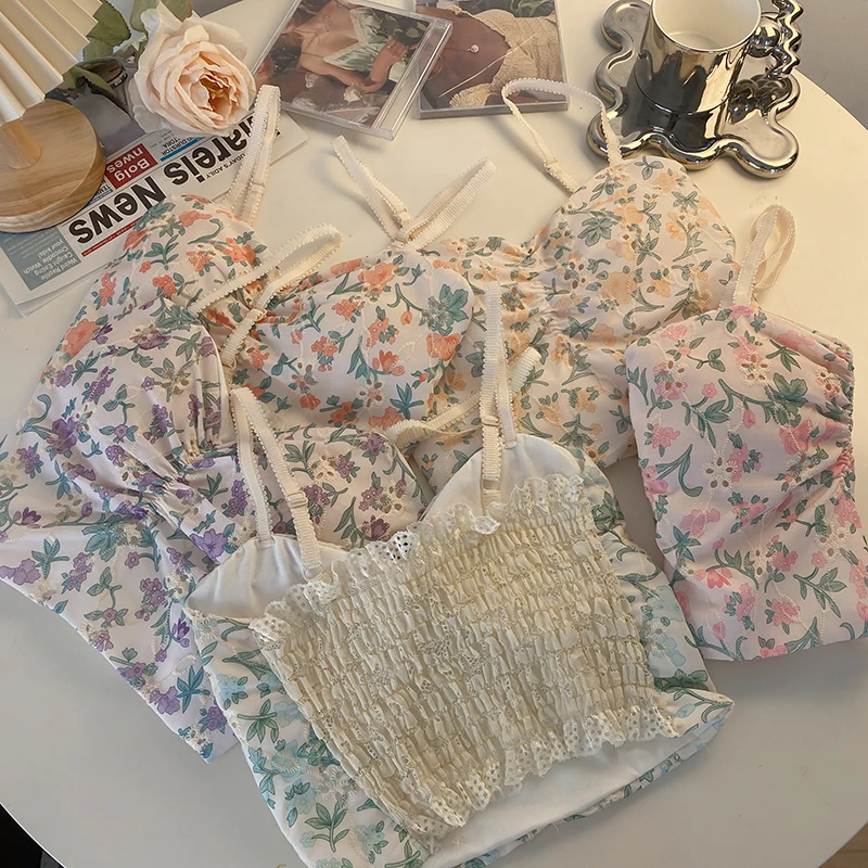 

2026 Summer Women Sweet Floral Print Camis Slim Fold Hollow Out Lace Tank Ladies Sexy V Neck Backless Sleeveless Vest Short Tops