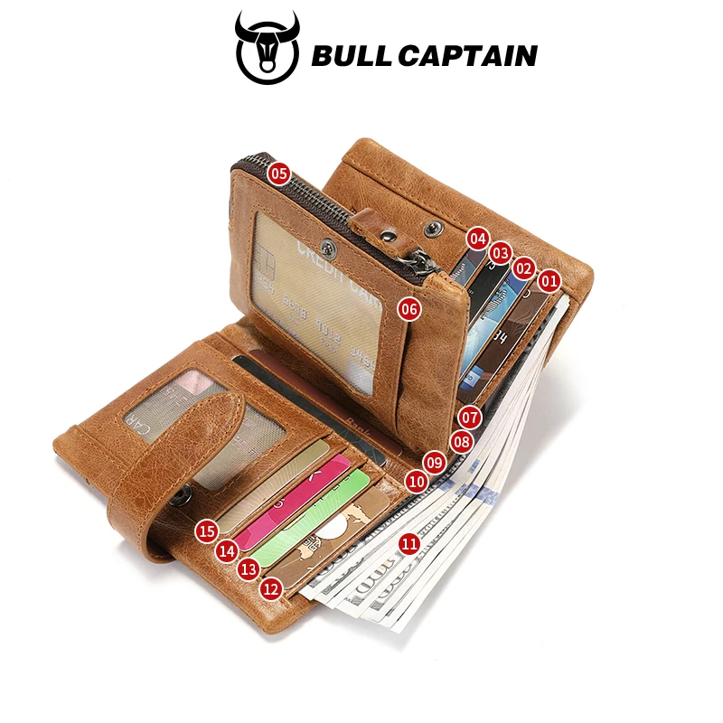 BULLCAPTAIN Cartera de cuero genuino para hombre Retro Casual Snap triple Clip para efectivo RFID tarjetero antirrobo monedero desmontable