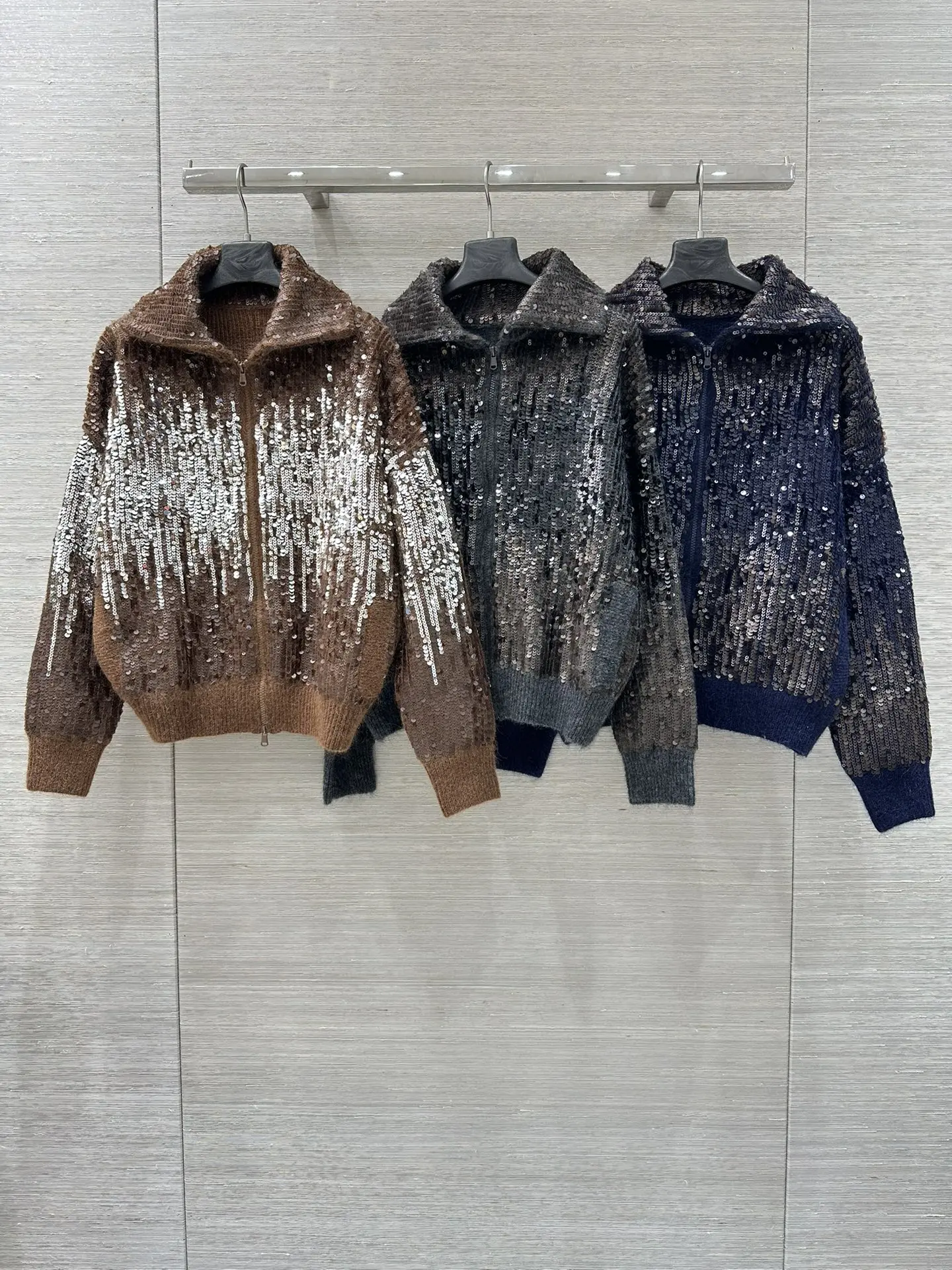 

Women's Sequined Knitted Cardigan Turn-down Collar Long Sleeve Vintage Ladies Sweater