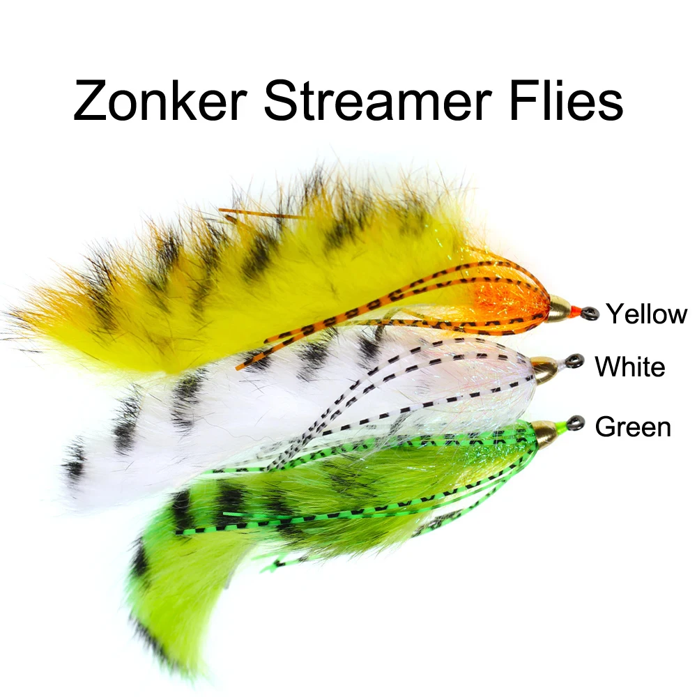 3PCS Brass Cone Heads Barred Zonker Streamers Flies Trout Bass Fishing Fly Lure Baits