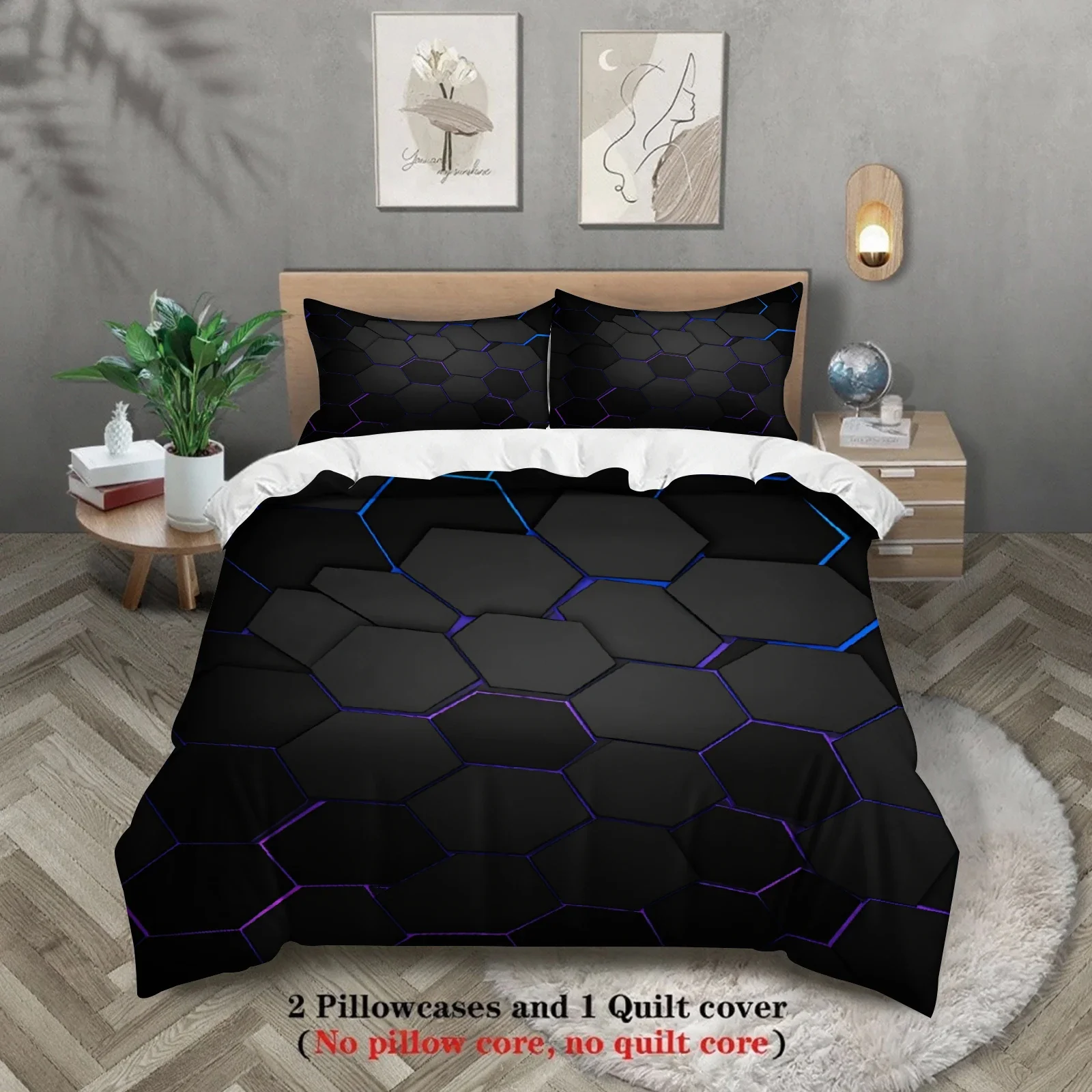 

Комплект постельного белья с неоновым геометрическим абстрактным узором в стиле киберпанк, футуристический геометрический арт-декор для спальни