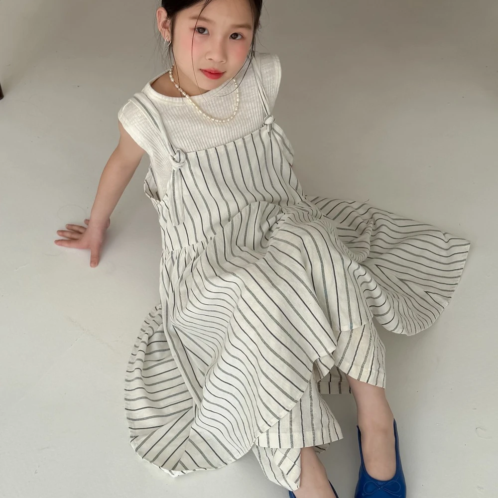 Girls Set 2026 Spring And Summer New Childrens Clothing Korean Girl Baby Literature And Fresh Vertical Stripe Suspender Two Sets