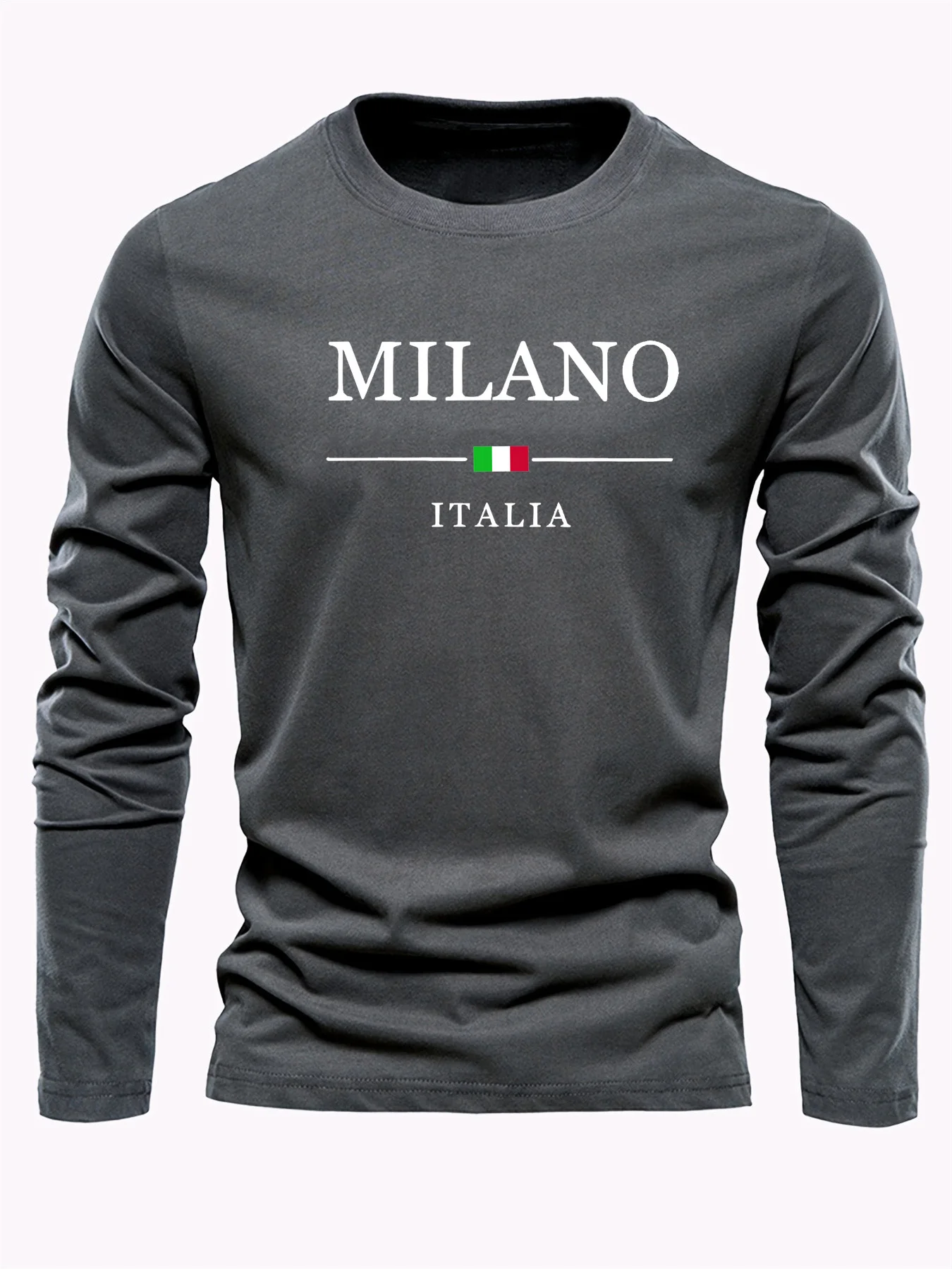 100% Pure Cotton Men's Long Sleeved Round Neck Loose Casual MILANO ITALIA Print Spring and Autumn Versatile T-Shirt Top