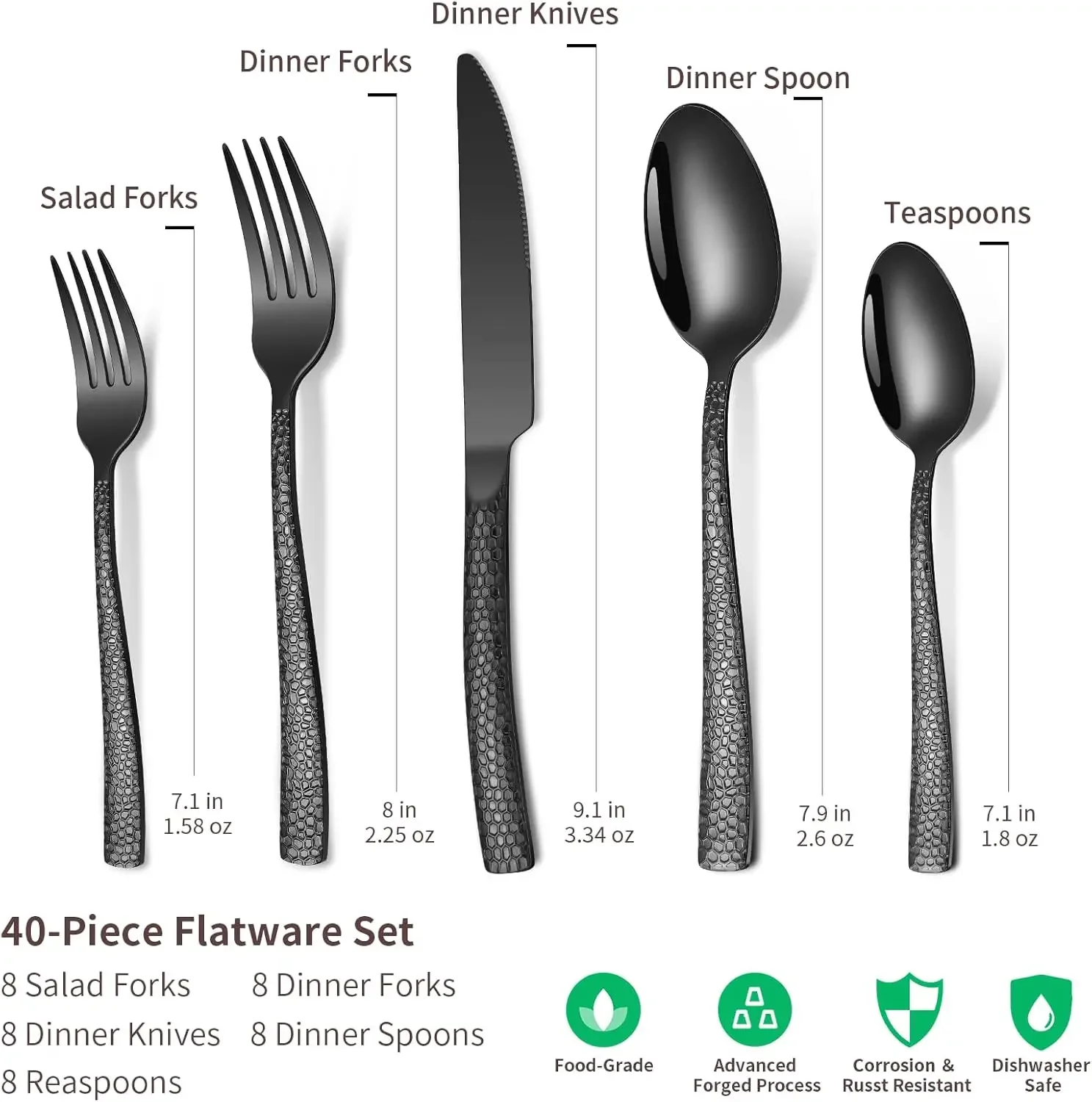 40-Piece Silverware Set, Black Hammered Stainless Steel Flatware Sets for 8,Food-Grade Tableware Set, Including Fork Knife Spoon