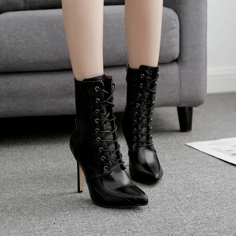 

Black Pointed Toe Front Lace Up Pointed Toe Stiletto Heels Ankle Boots Rubber Sole Cross Straps Classical Women's Shoes