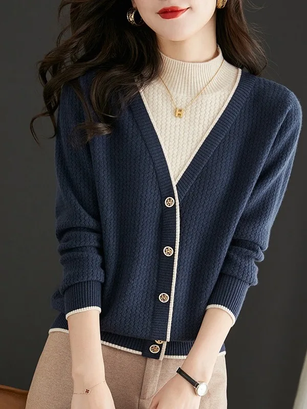 

Outlet Store Women's Knitted Sweater f High Collar Fake Two-Piece Autumn Winter Faion Commute Sle Bright Tead