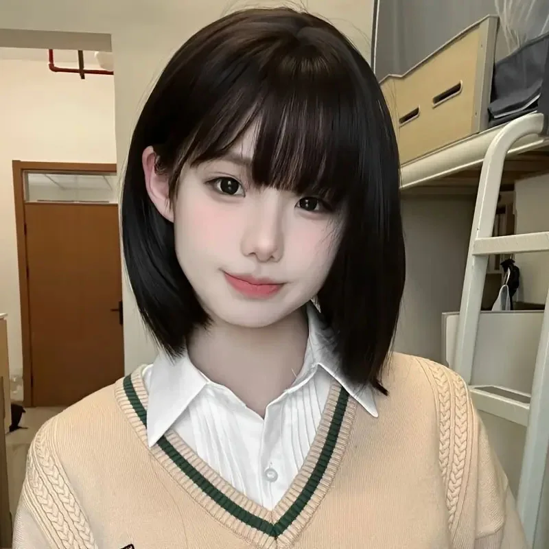 Black-brown Short Hair Wig With Air Bangs For A Natural Look Suitable For Round Faces In A Bob Style Full Head Coverage