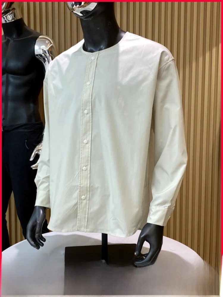 

Мужская повседневная рубашка с длинным рукавом, круглым вырезом, на пуговицах, однотонная, весна-осень, свободный крой, дышащая, из полиэфирного волокна