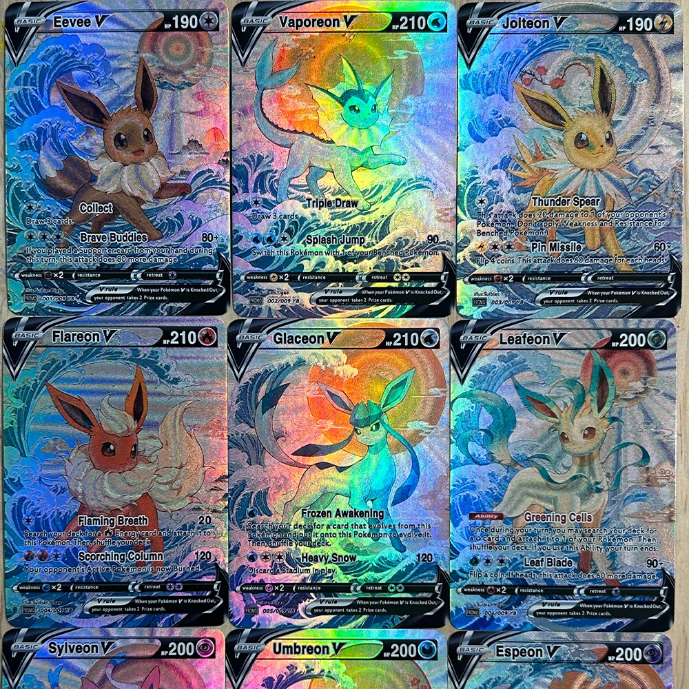 9 قطعة/المجموعة أنيمي PTCG جمع بطاقة Eevee Vaporeon Leafeon Umbreon Espeon الإنجليزية تنقش الملمس بطاقة فلاش لعبة هدايا الطفل #6
