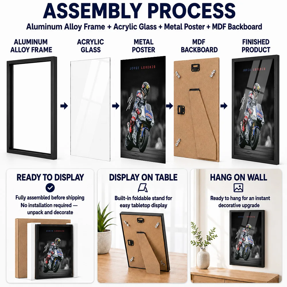 Jorge Lorenzo MotoGP Framed Metal Print Customized Photo Monochrome Action Style Wall Art For Collector Room Unique Rider Gift