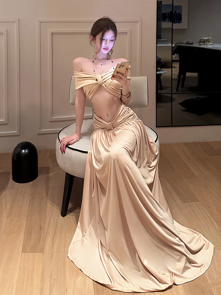ReddaChic Women One Shoulder Crop Top Skirt Set Solid Bow Twist Corset Draped Long Skirt Birthday Party Holiday Summer Clothes