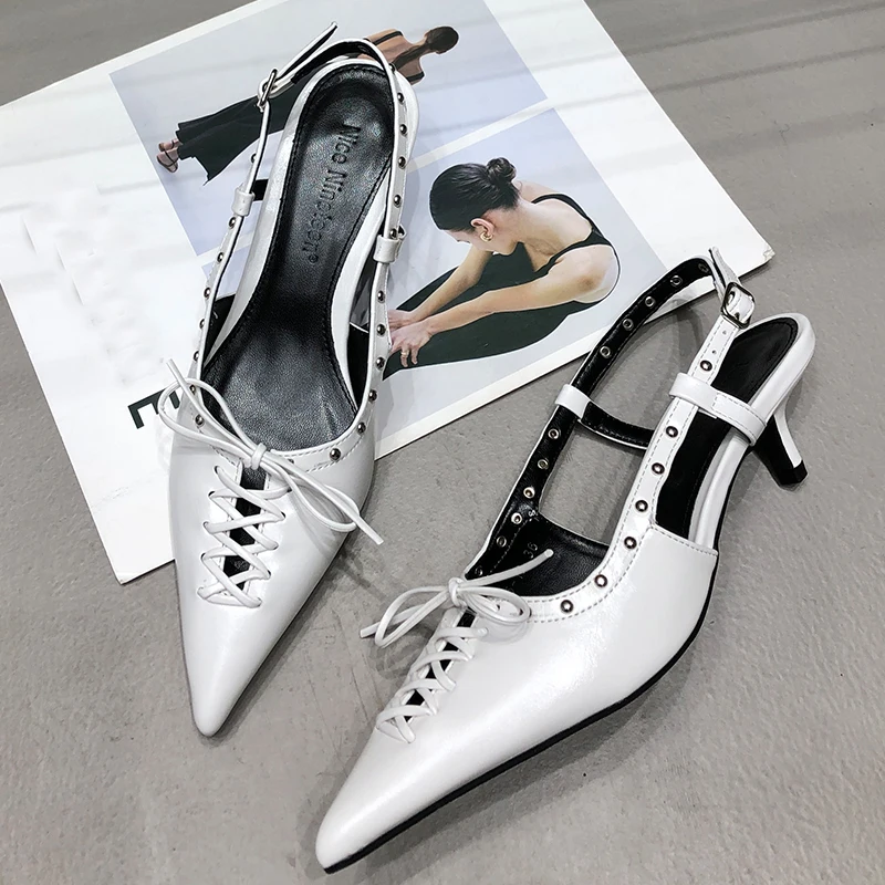 Pointed Toe Pumps Sandals Ladies High Heels Shoes Female Summer Shallow Fashion Lace Up New In Elegant Woman Heeled Shoes 2023