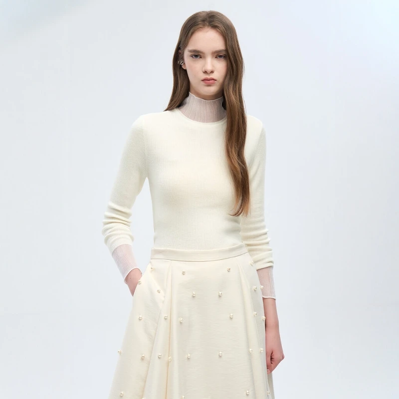 

Versatile Knitted Wool Blend Base Layer irt f High Collar Lace Trim Long Sve Slim Fit Classic Sle Women's Knitwear