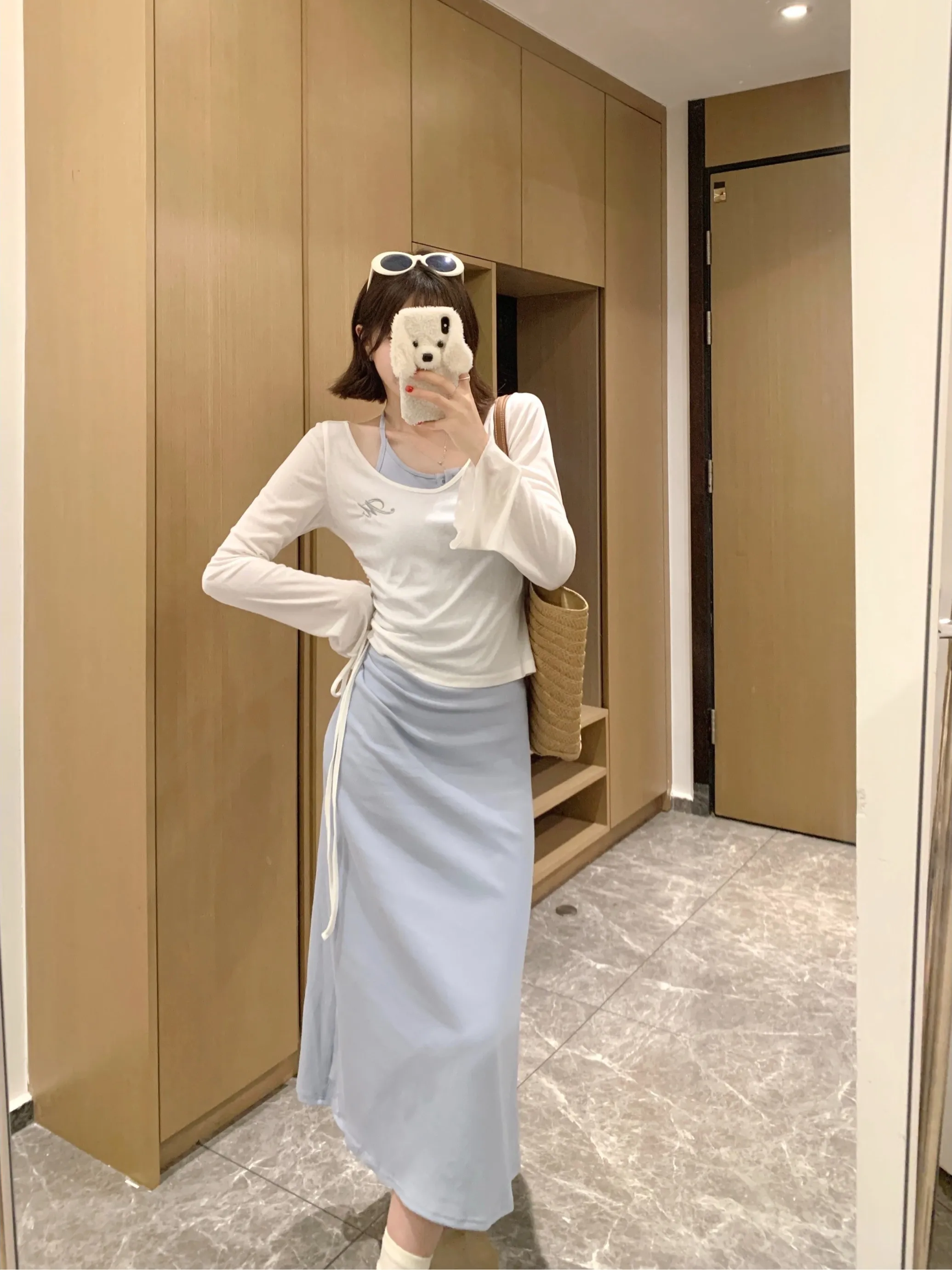 

plus Size Summer New Long Sleeve Pure Desire Style Set with Hanging Neck Strap Vest Dress Sunscreen Cover up Top And Dress