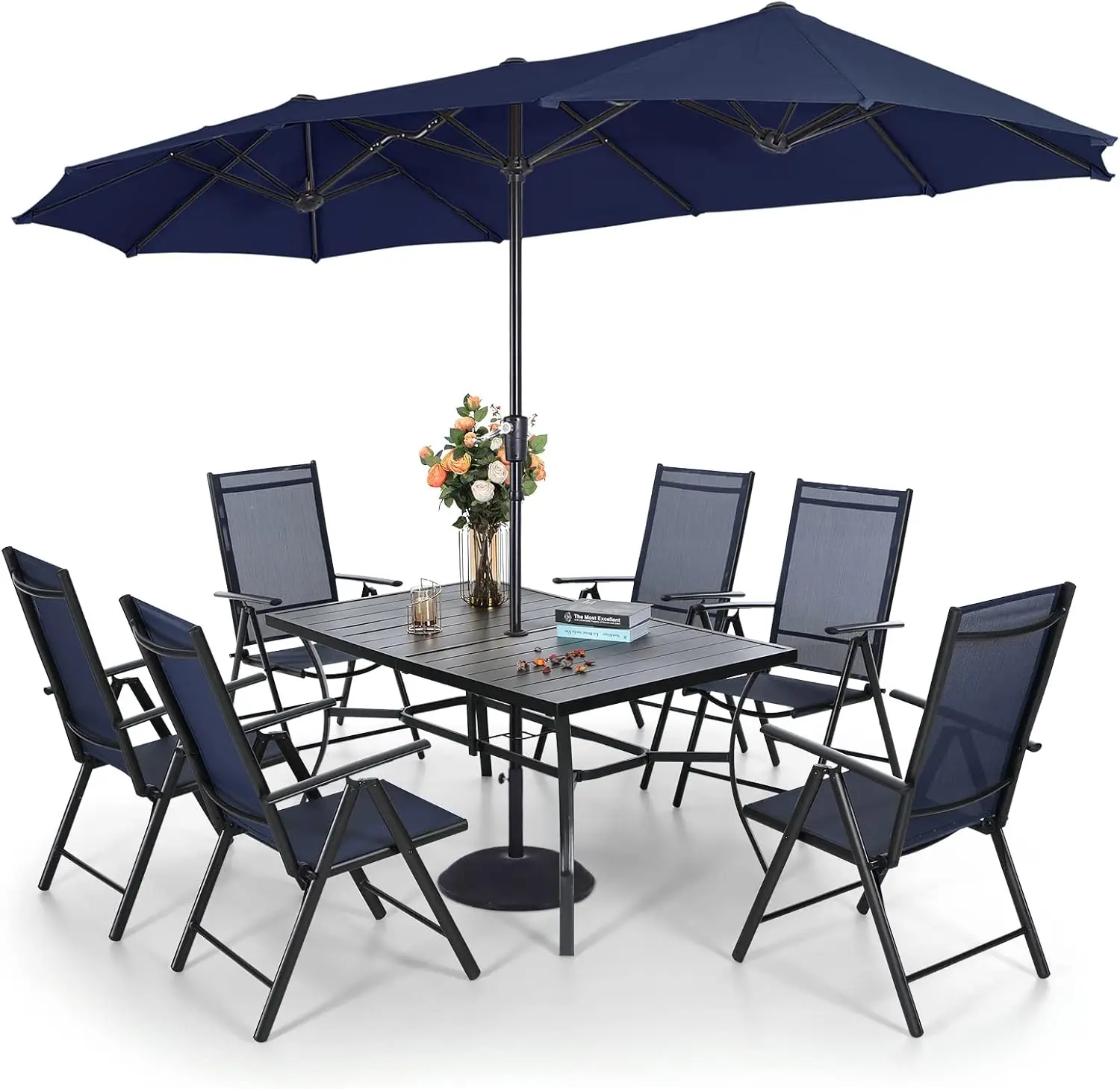 7 PCs Foldable Patio Dining Set with 13ft Umbrella, Folding Outdoor Dining Set,Rectangular Metal Patio Table and Sling Chair Set