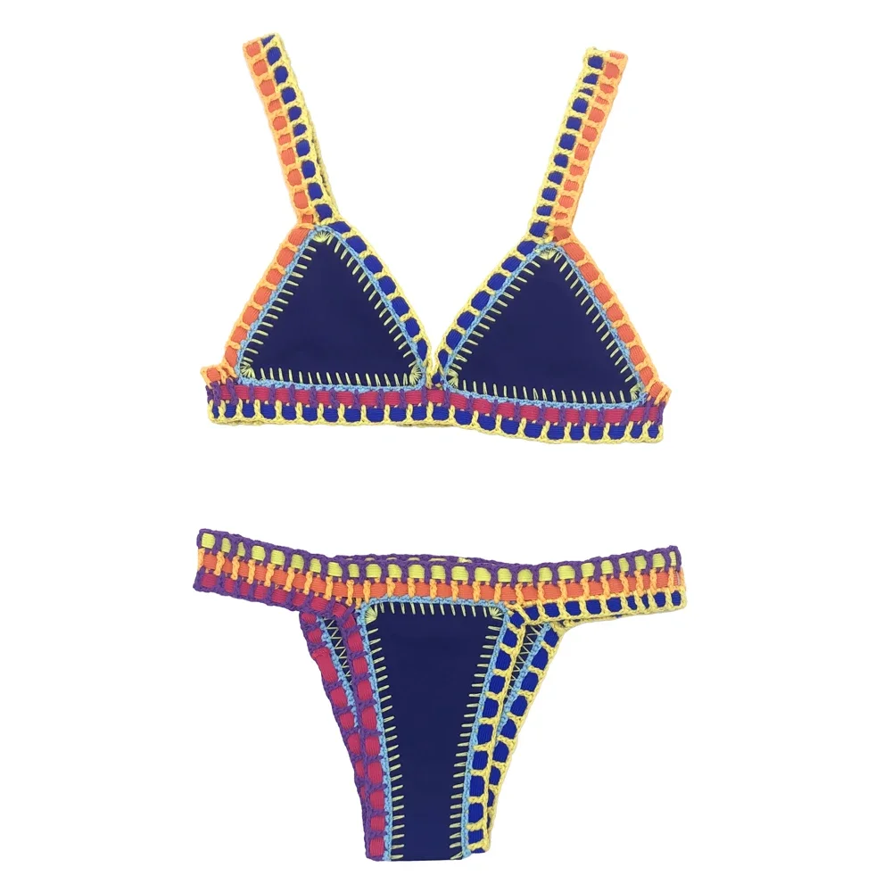 

Женские сексуальные бикини ручной работы, синие купальники, пурпурно-красный лоскутный купальник, черный вязаный крючком эластичный комплект бикини, вязаный бикини