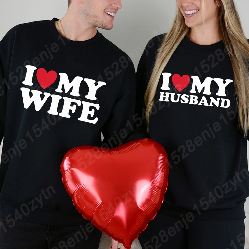 

Matching Solid Color Tops For Couples His & Her I Love My Husband I Love My Wife Graphic Soft Sweatshirts Valentine's Day Outfit