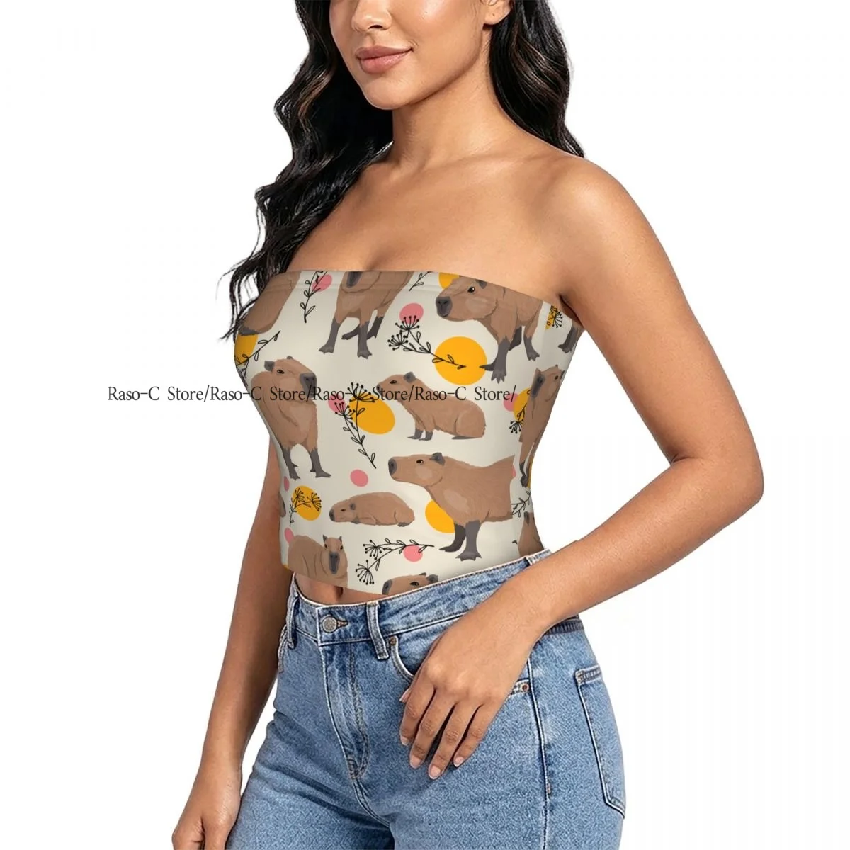 Women Block Crop Slim Tube Top Capybaras Plants And Circles Strapless Top For Summer Female Clothing