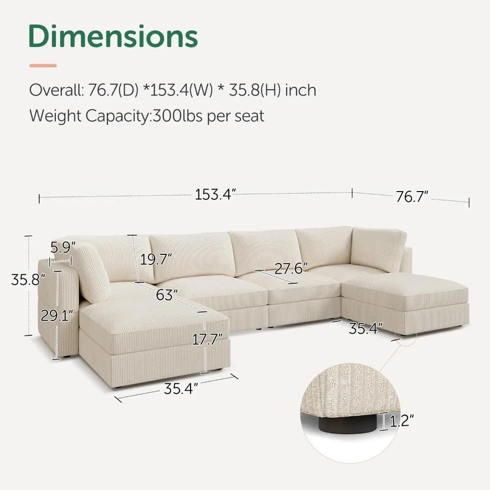 Modular Sectional Couch with Storage Corduroy Sectional Sofa with Chaise U Shaped Sectional Couches