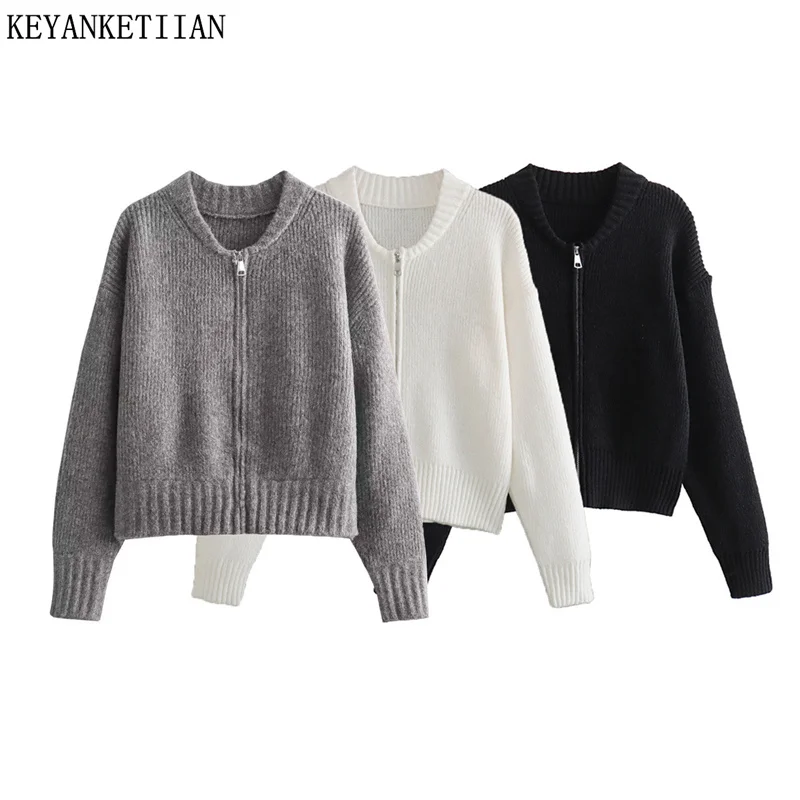 

KEYANKETIAN 2024 New Launch Women's Leisure Knit Cardigans Minimalist Casual Solid color O-Neck Zipper Loose Short Knit Jacket